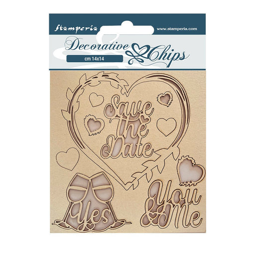 STAMPERIA DECORATIVE CHIPS 14 X 14CM YOU AND ME SAVE THE DAT - SCB136