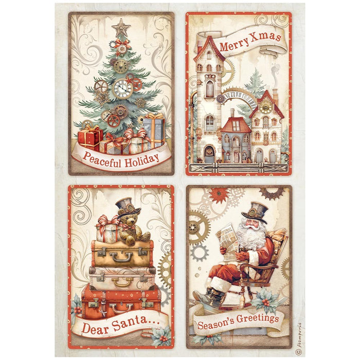 STAMPERIA A4 RICE PAPER PACKED- GEAR UP FOR CHRISTMAS 4 CARDS  -DFSA4935