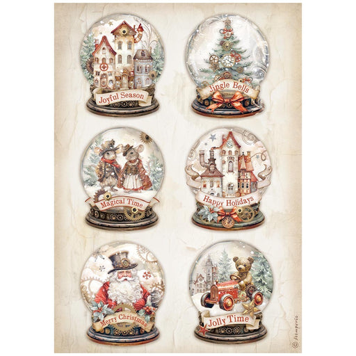 STAMPERIA A4 RICE PAPER PACKED- GEAR UP FOR CHRISTMAS SNOWGLOBES -DFSA4937