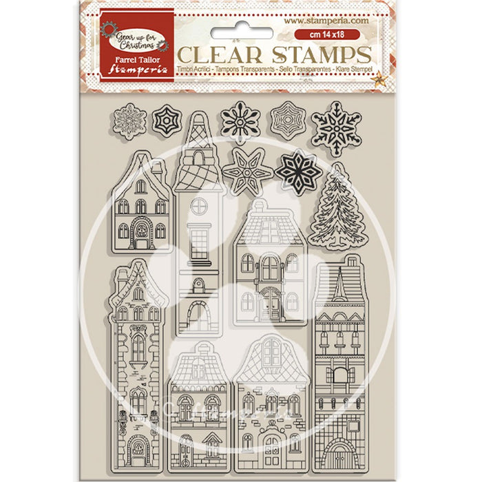 STAMPERIA RUBBER STAMP 14X18 GEAR UP FOR CHRISTMAS COZY HOUSE - WTK196