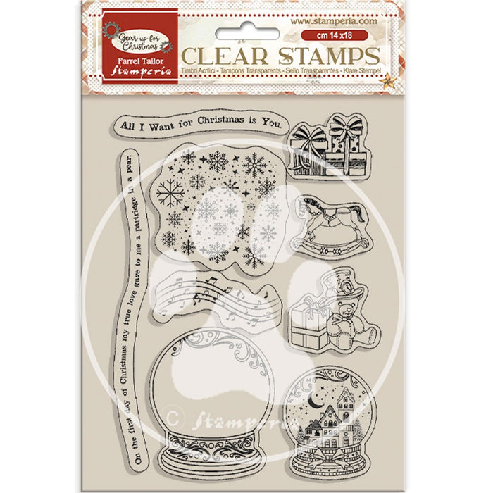 STAMPERIA RUBBER STAMP 14X18 GEAR UP FOR CHRISTMAS SNOWGLOBES - WTK197