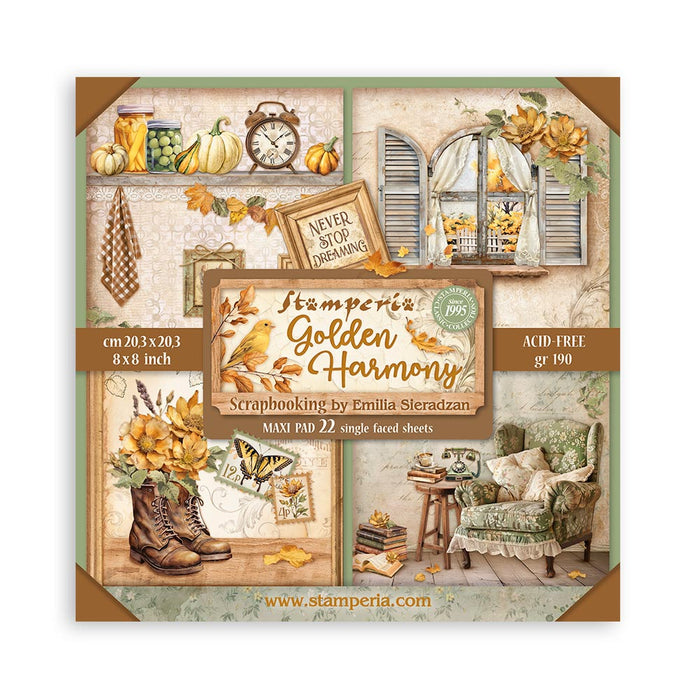 STAMPERIA 8 X 8 PAPER PACK 22 SHEETS GOLDEN HARMONY- SBBSXB05