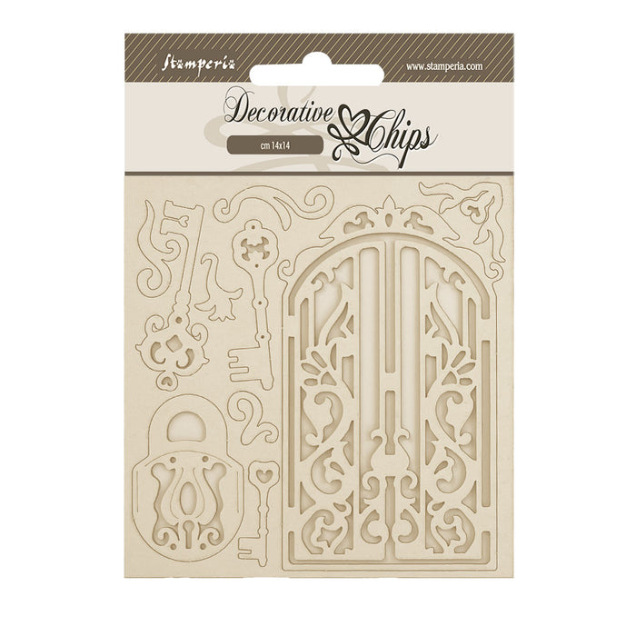 STAMPERIA DEC CHIPS 14 X 14CM- OLD LACE GATE AND KEY -SCB242