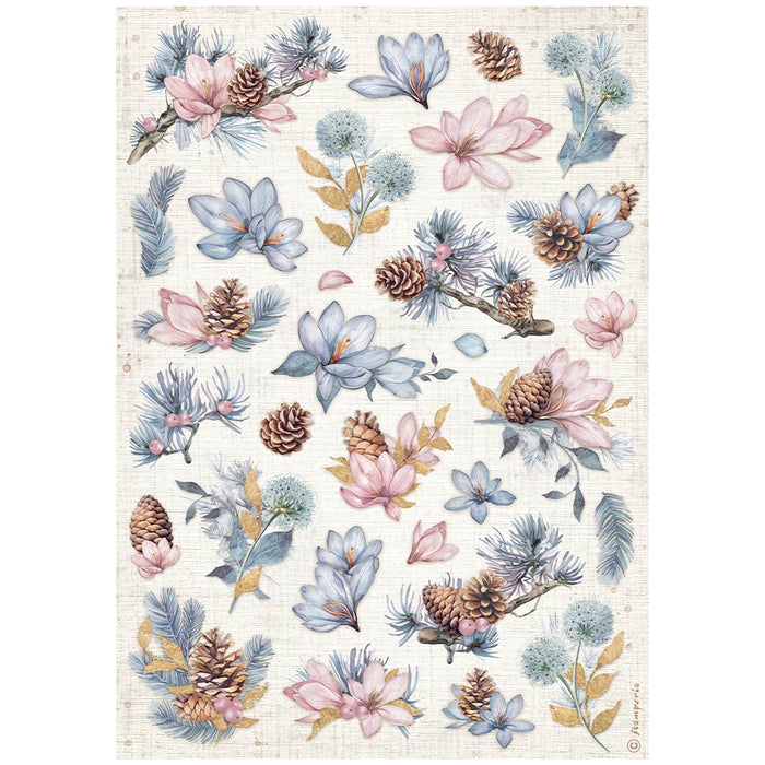 STAMPERIA A4 RICE PAPER PACKED- CREATE HAPPINESS DEWDROPS PINECONES AND FLOWERS - DFSA4974