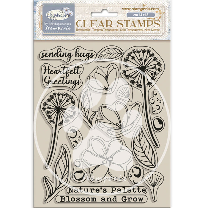 STAMPERIA RUBBER STAMP 14X18 CREATE HAPPINESS DEWDROPS BLOSSOMS -WTK207