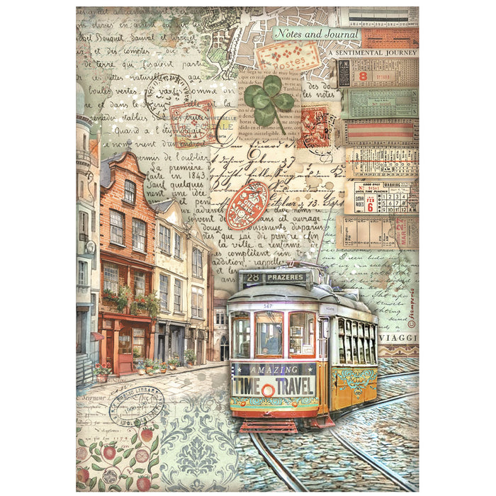 STAMPERIA A4 RICE PAPER PACKED- ART OF TRAVELLING - TRAM - DFSA4975