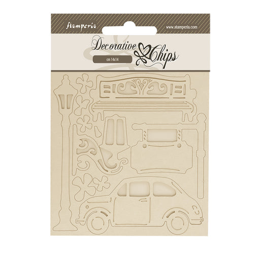 STAMPERIA DEC CHIPS 14 X 14CM- ART OF TRAVELLING - CAR -SCB250