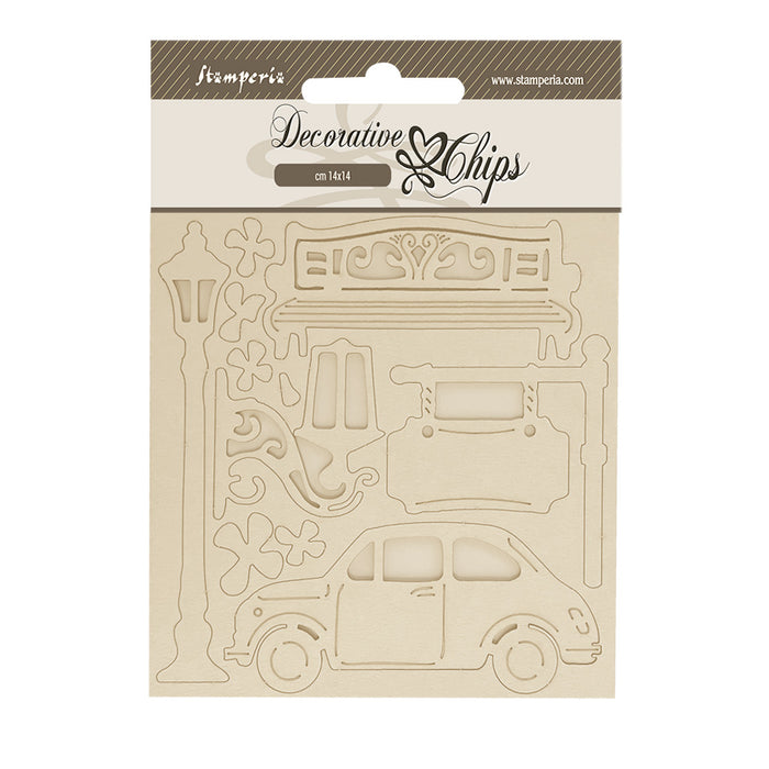 STAMPERIA DEC CHIPS 14 X 14CM- ART OF TRAVELLING - CAR -SCB250