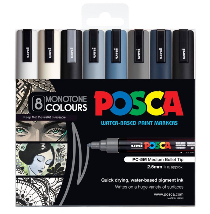 POSCA PAINT MARKER PC5 ASSORTED 8 PKT MONOTONE  COLOURS - PC5MMC8C